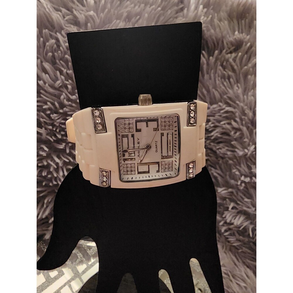 Retro Ashley Lg Frame Watch White Rubber Silicone Band & Pave Crystal Detailing